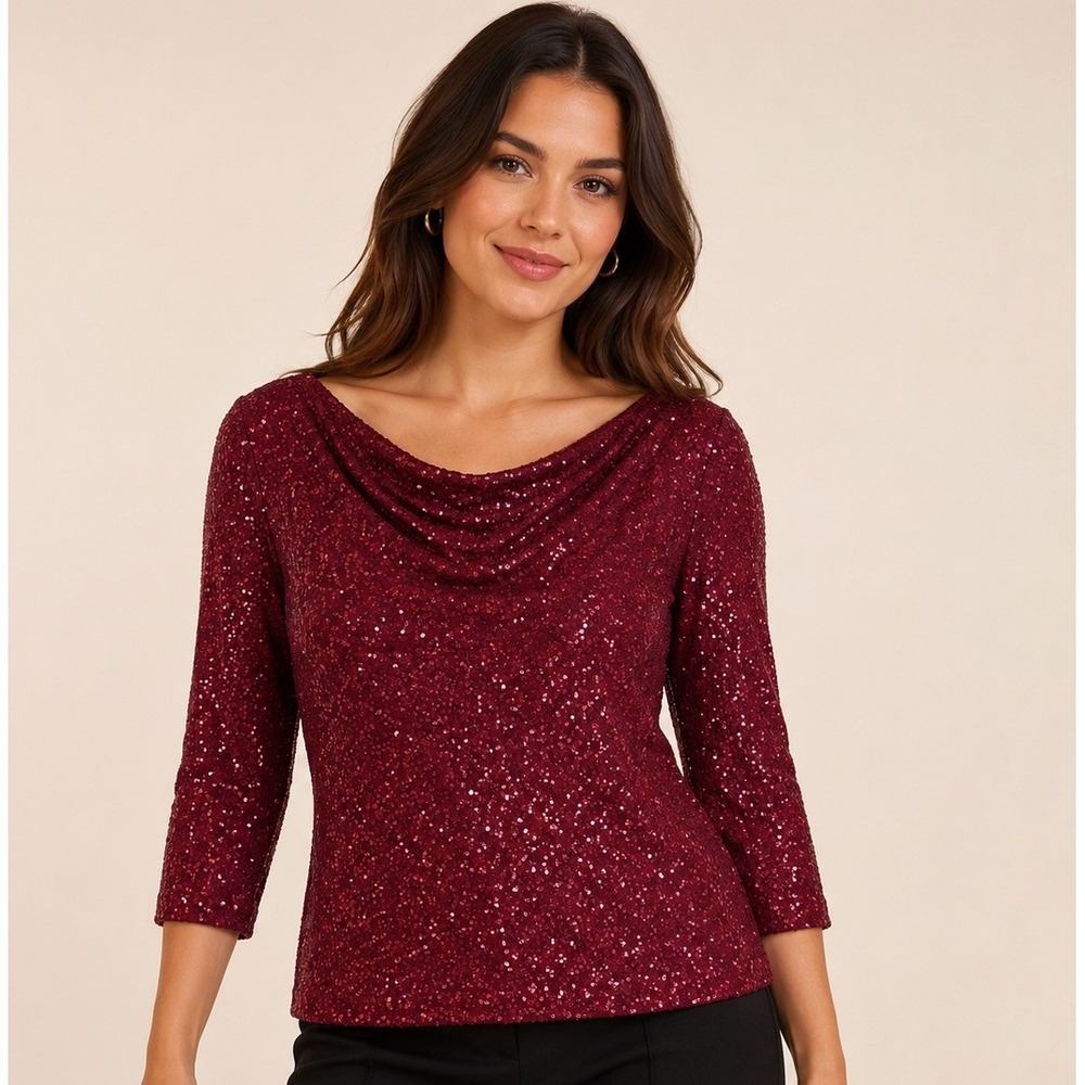 Eileen Fisher Petite Sz PM  Est. Burgundy Sequin Cowl Neck 100% Silk Blouse Top